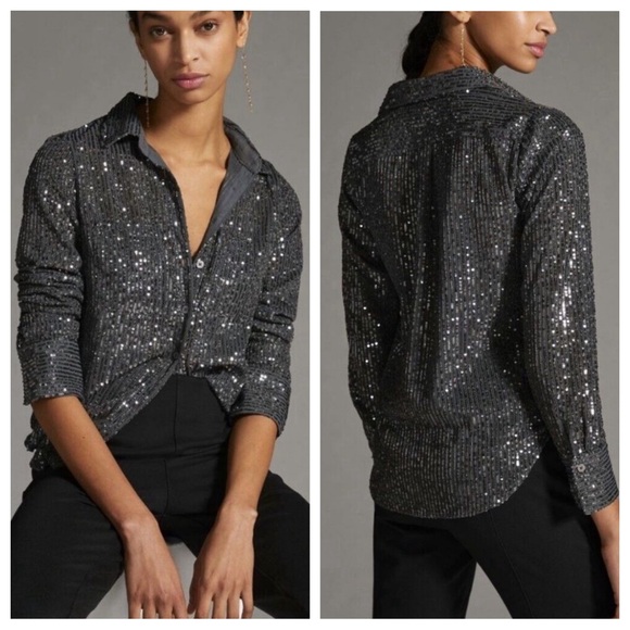 Anthropologie Sequin Button-down Shirt Slate Gray Top Medium Petite - Picture 1 of 15